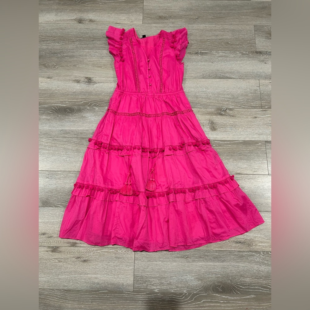 J. Crew Vibrant Pink pom pom flutter sleeve Midi Dress - Picture 3 of 5